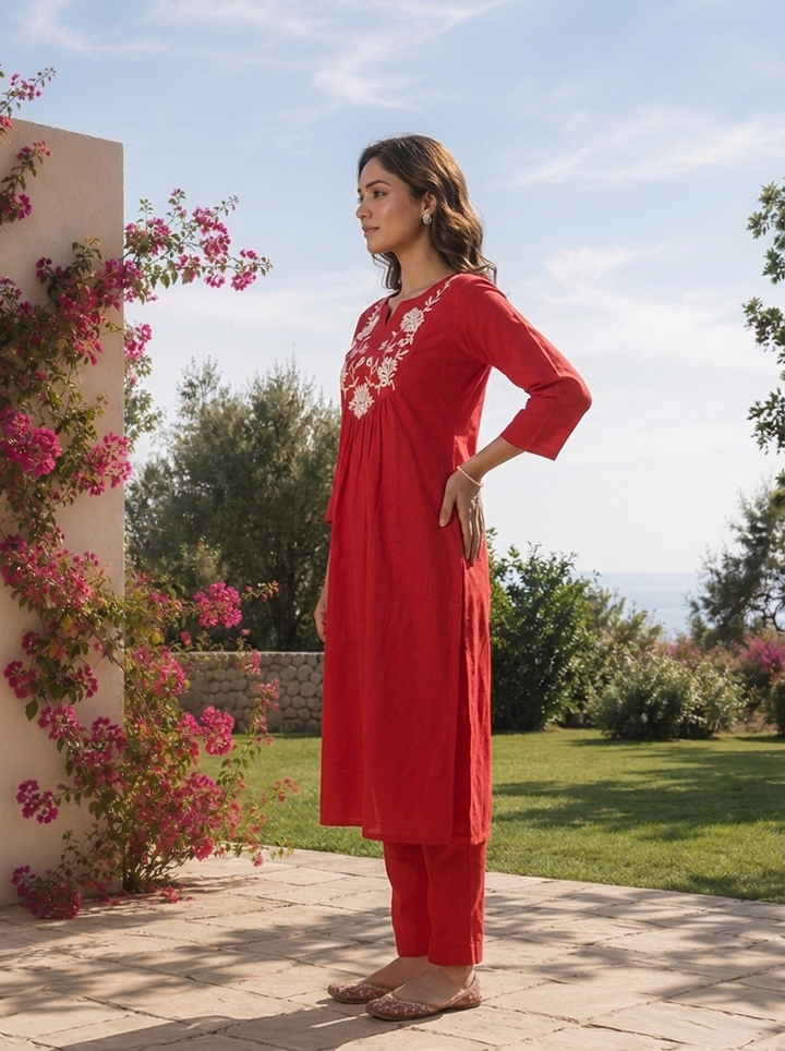 Red Cotton Floral Thread Embroidery And Solid Design Three Piece Set