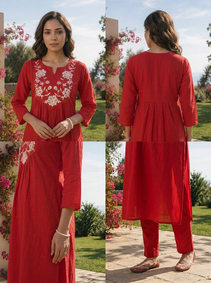 Red Cotton Floral Thread Embroidery And Solid Design Three Piece Set