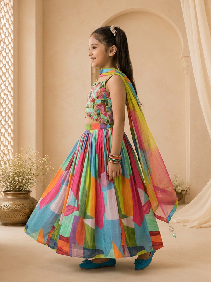 Multicolor Silk Abstract Printed Ghagra Set