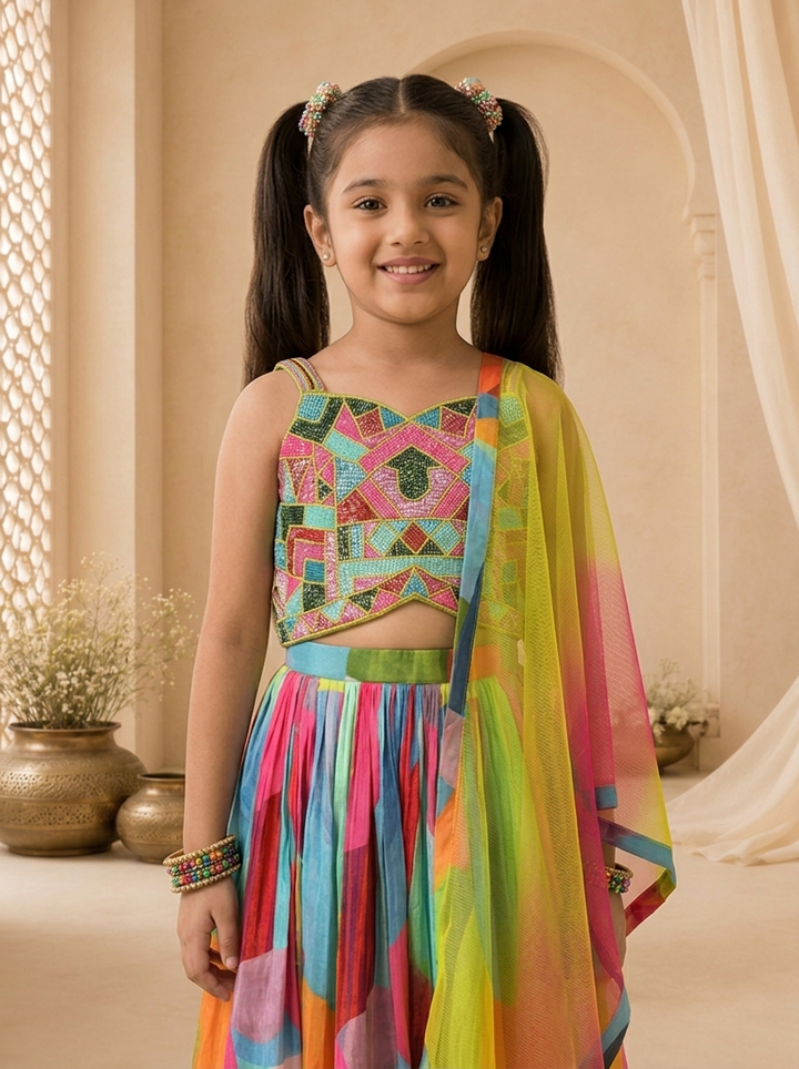 Multicolor Silk Abstract Printed Ghagra Set
