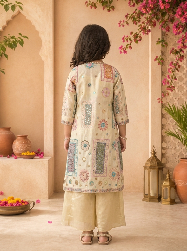 Fawn Tissue Geometric Embroidered Palazzo Set With Overcoat
