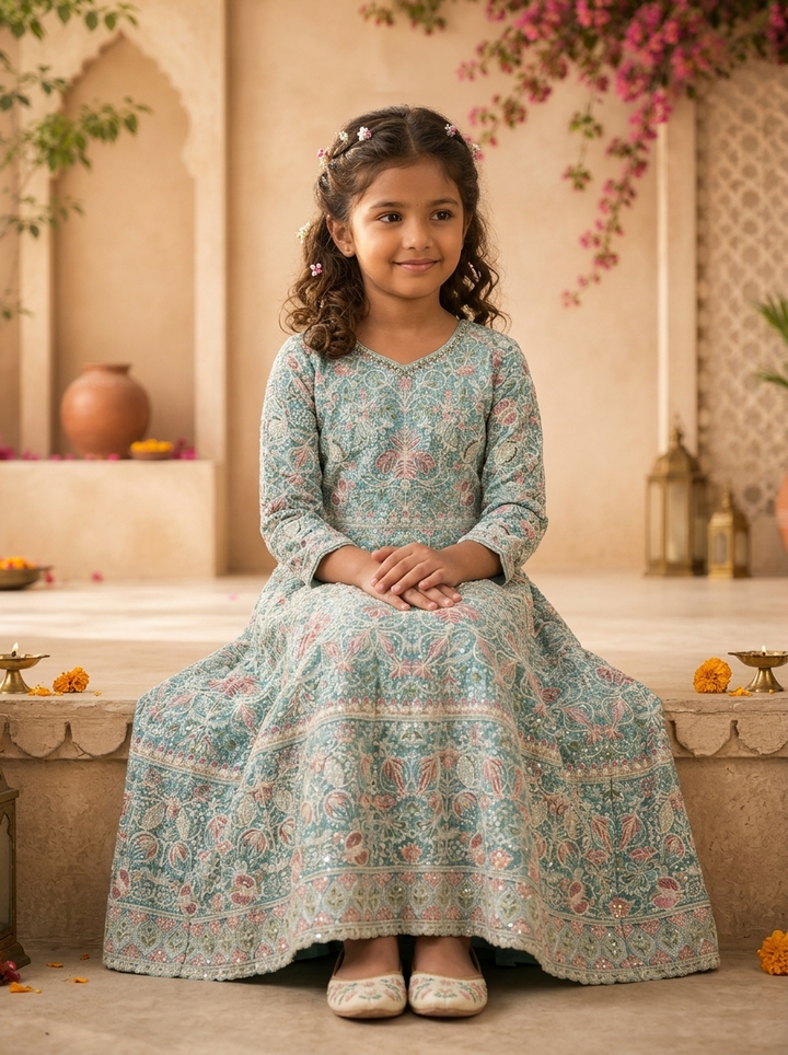 Sky Blue Georgette Traditional Ajrakh Block Embroidered Dress
