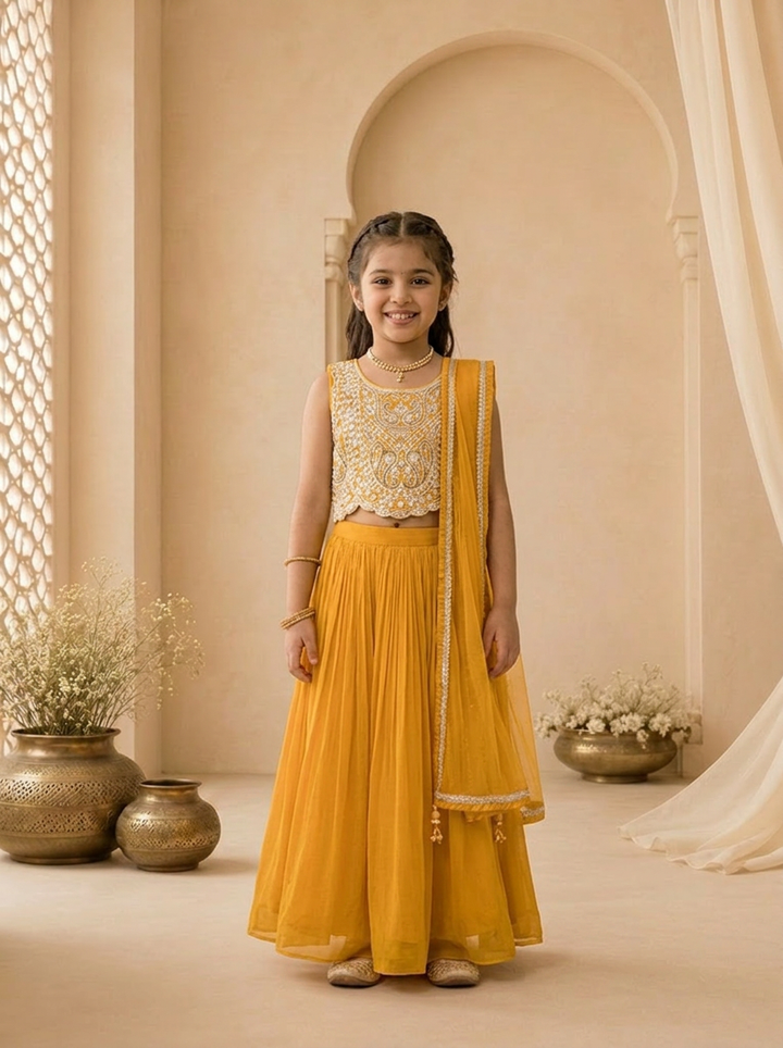 Yellow Georgette Scallop Hem Embroidered Ghagra Set