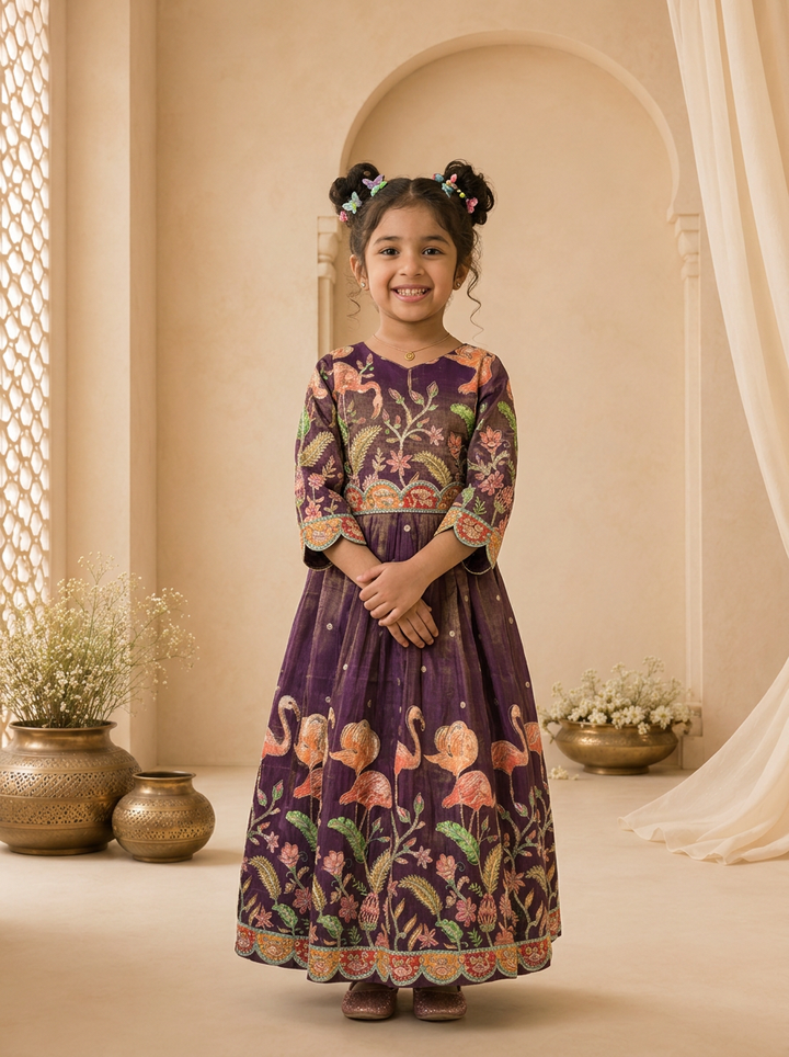 Purple Tissue Floral Thread Embroidered Dress