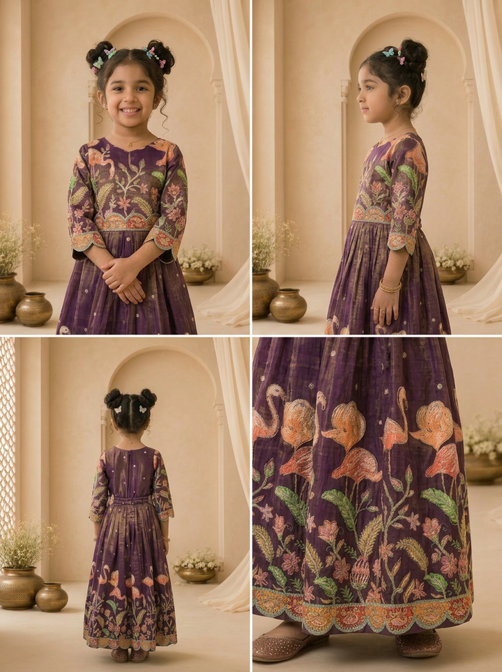 Purple Tissue Floral Thread Embroidered Dress