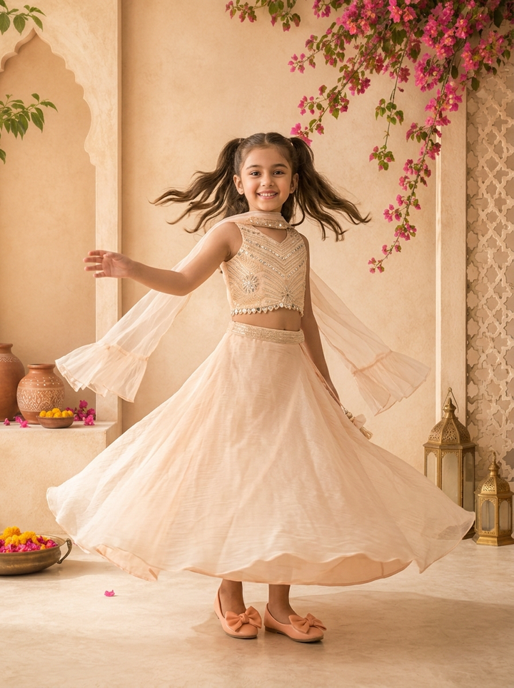 Peach Organza Solid Skirt With Embroidered Top