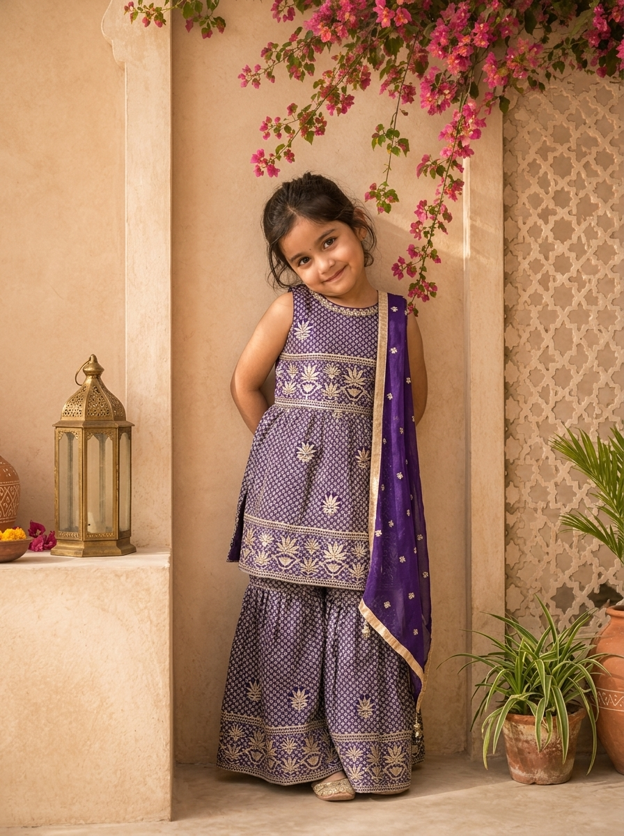 Purple Georgette Lotus Motif Thread Embroidered Sharara Set