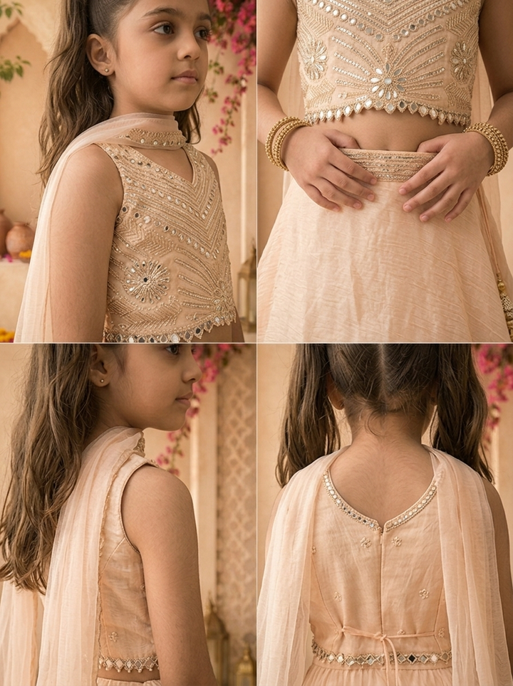 Peach Organza Solid Skirt With Embroidered Top