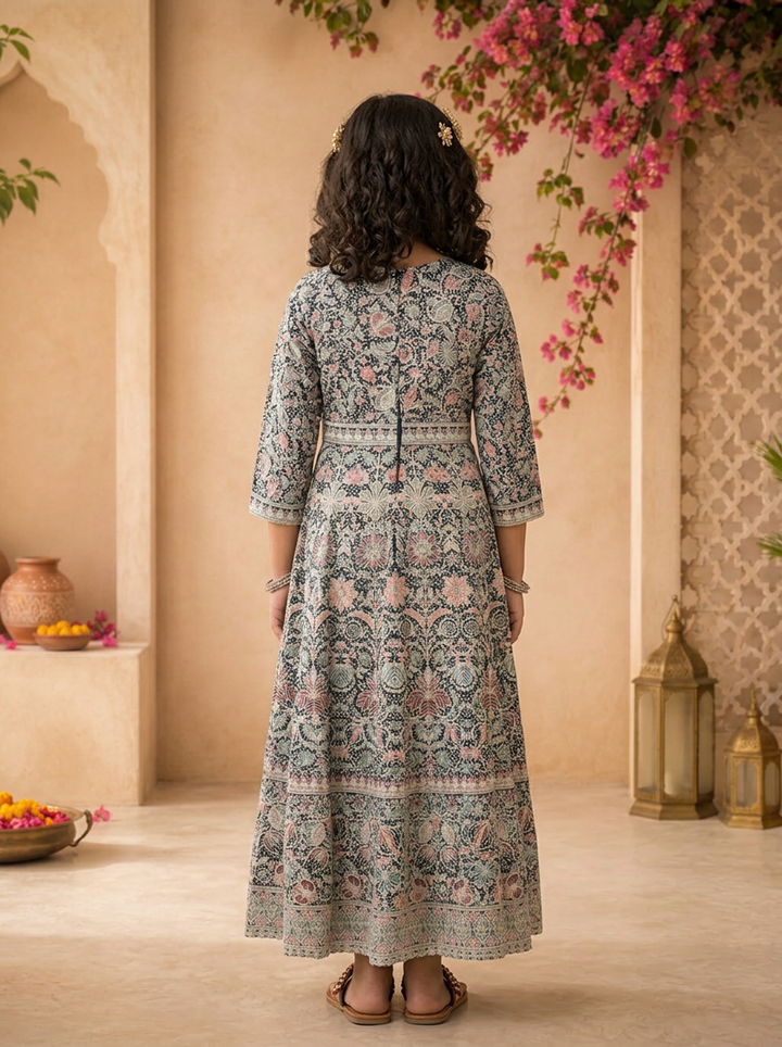 Blue Georgette Traditional Ajrakh Block Embroidered Dress
