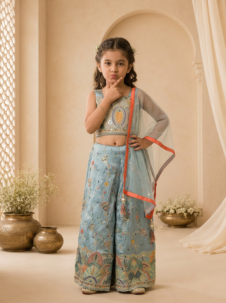 Sky Blue Tissue Floral Thread Embroidered Palazzo Set