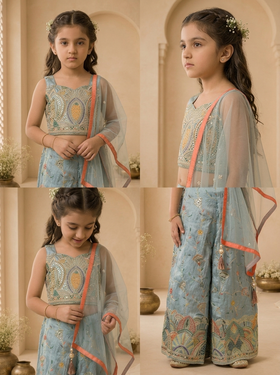 Sky Blue Tissue Floral Thread Embroidered Palazzo Set