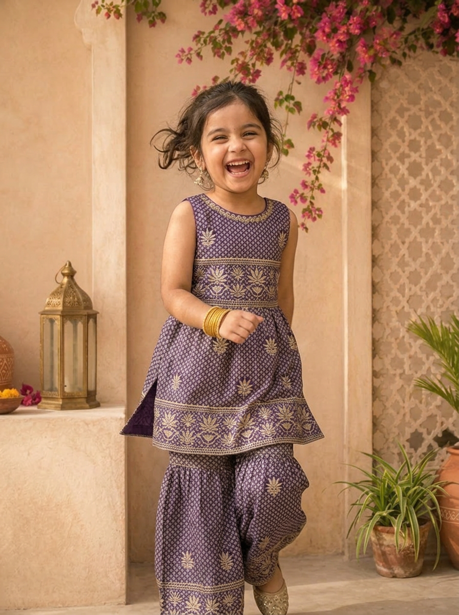 Purple Georgette Lotus Motif Thread Embroidered Sharara Set