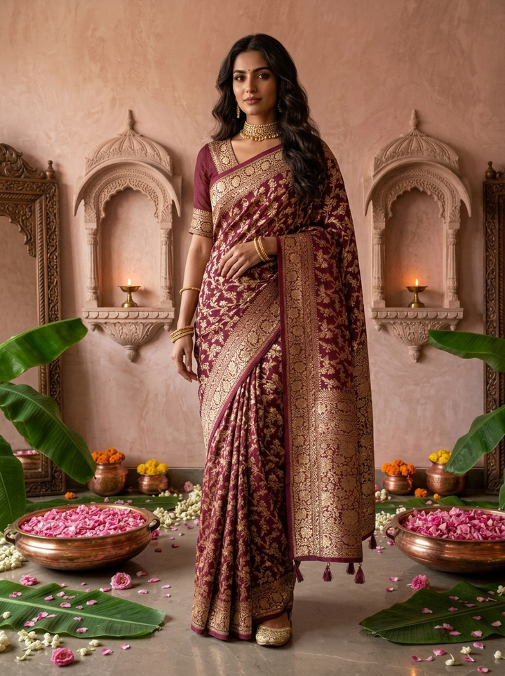 Wine Banaras Saree With Heavy Floral Design