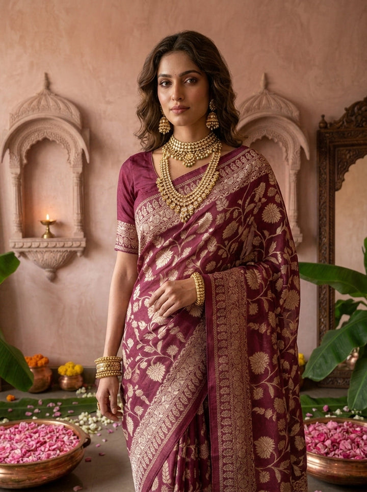 Wine Banaras Weaved Saree With Floral Design