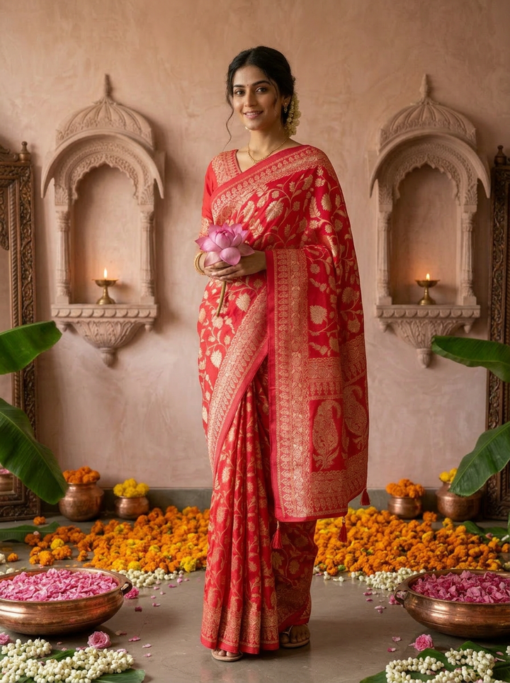 Rani Pink Banaras Weaved Saree With Floral Design