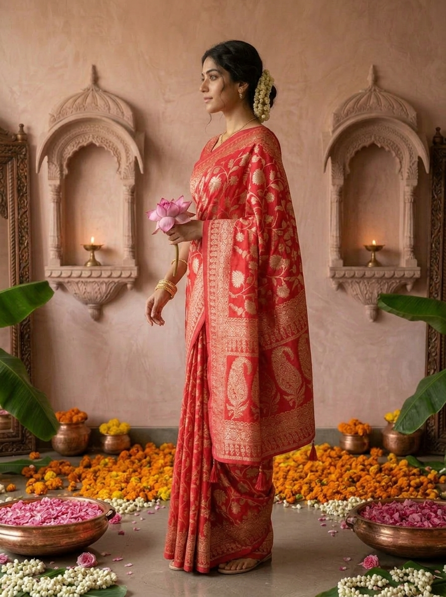 Rani Pink Banaras Weaved Saree With Floral Design