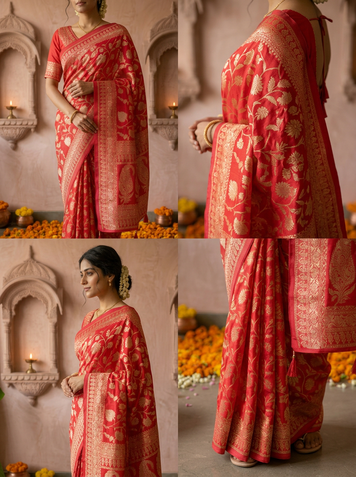 Rani Pink Banaras Weaved Saree With Floral Design