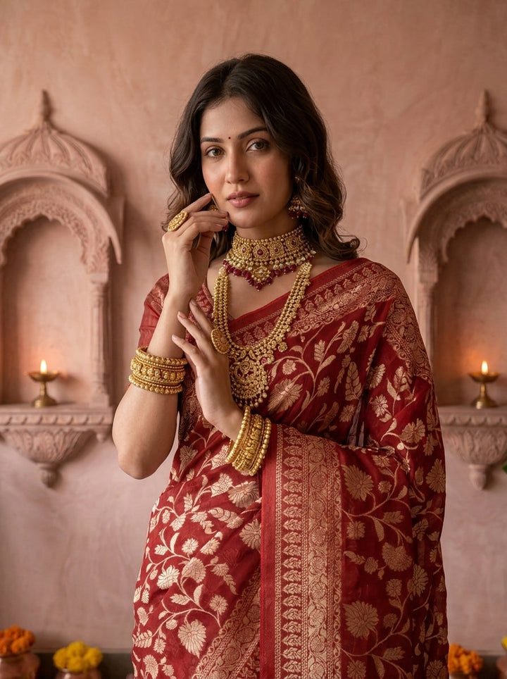 Maroon Banaras Weaved Saree With Floral Design