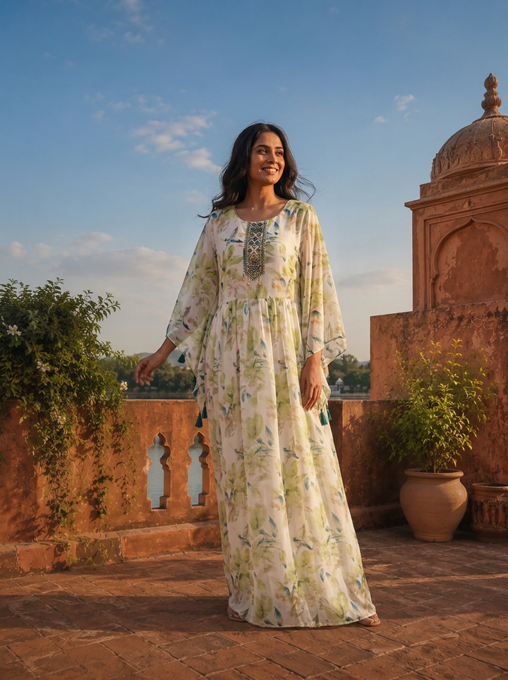 Green Georgette Watercolor Botanical Printed Dress