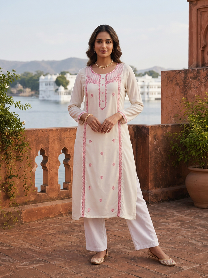 Pink Rayon Floral Thread Embroidered Kurta