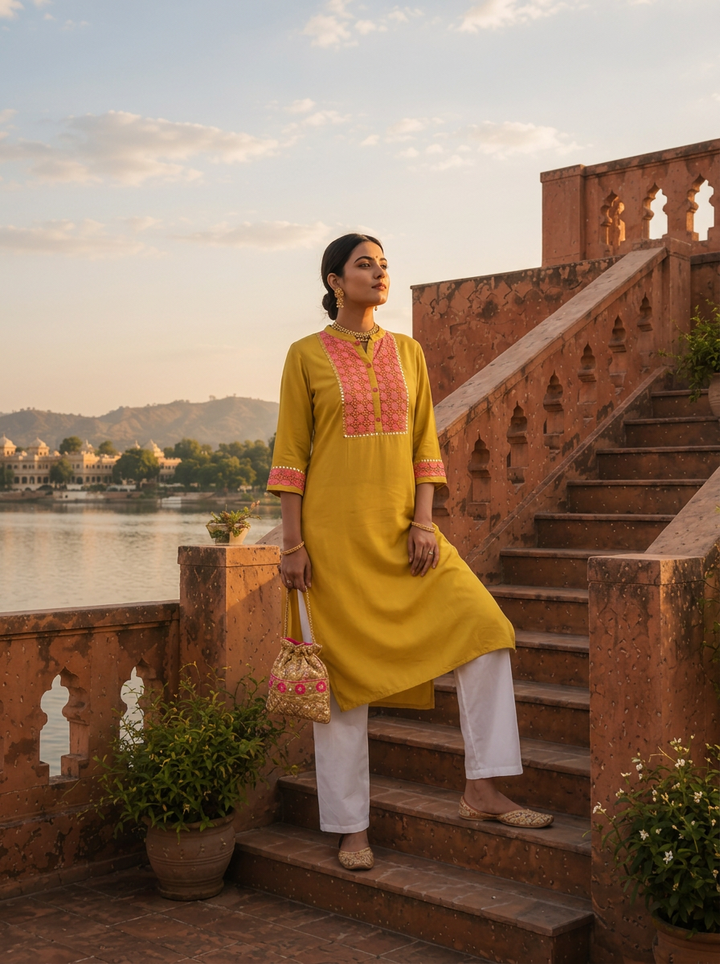 Mustard Rayon Floral Thread Embroidered Kurta