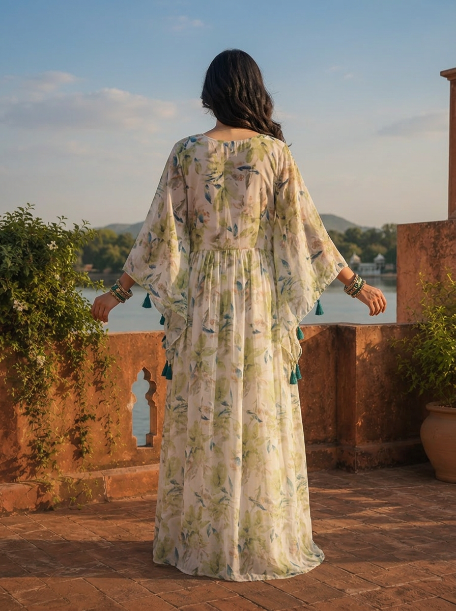 Green Georgette Watercolor Botanical Printed Dress
