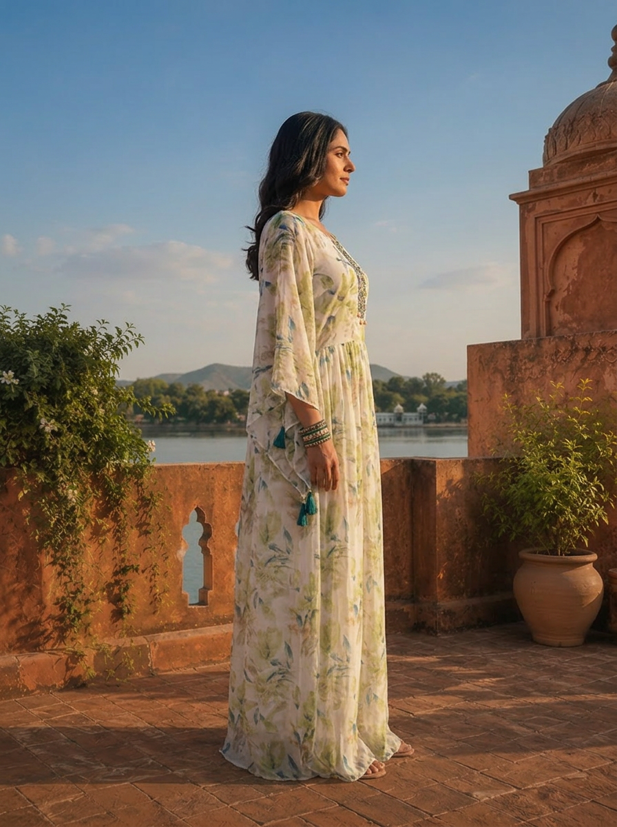Green Georgette Watercolor Botanical Printed Dress