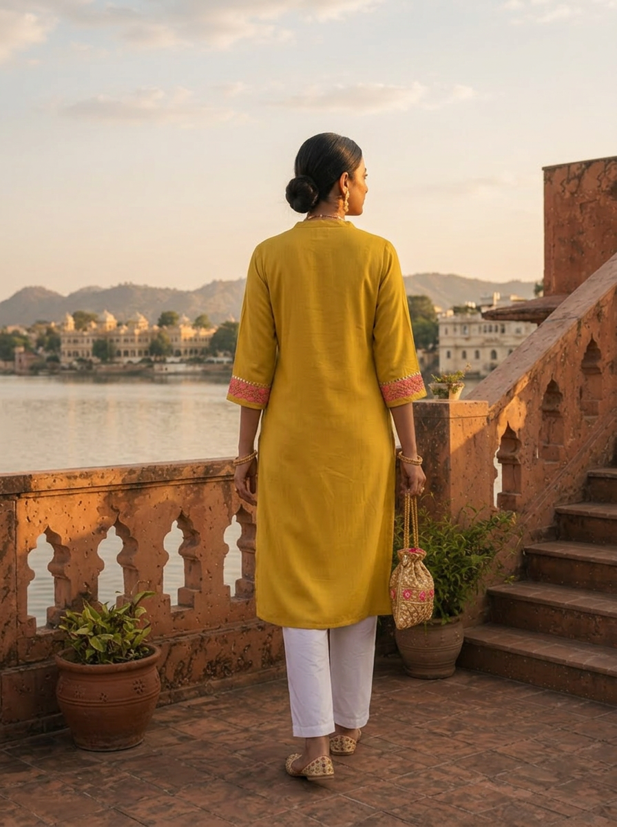 Mustard Rayon Floral Thread Embroidered Kurta