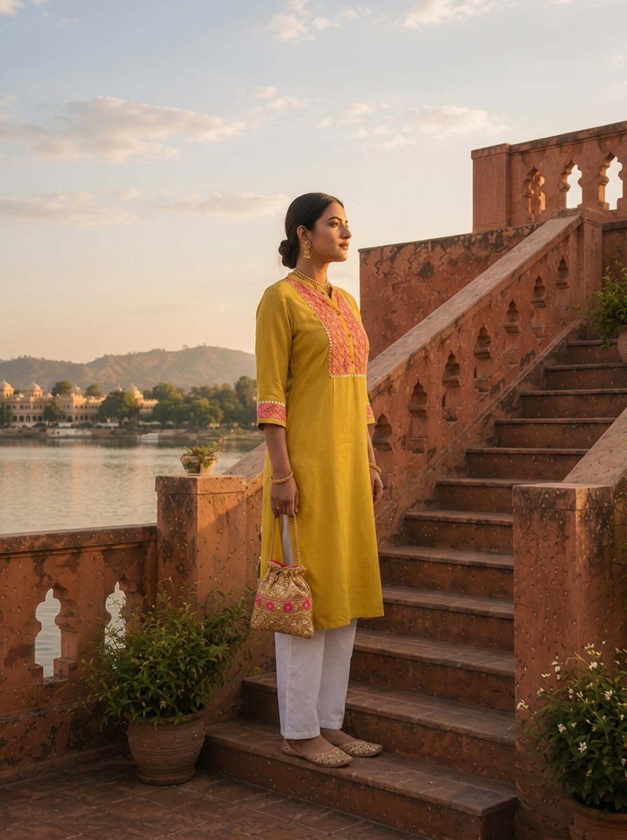 Mustard Rayon Floral Thread Embroidered Kurta