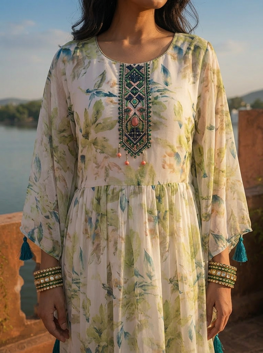 Green Georgette Watercolor Botanical Printed Dress