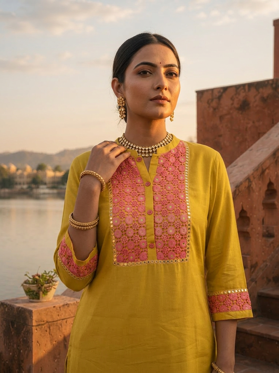 Mustard Rayon Floral Thread Embroidered Kurta