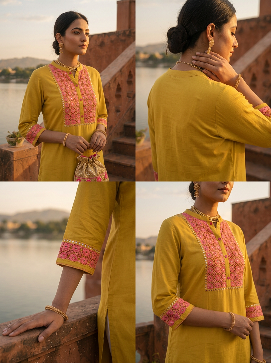 Mustard Rayon Floral Thread Embroidered Kurta
