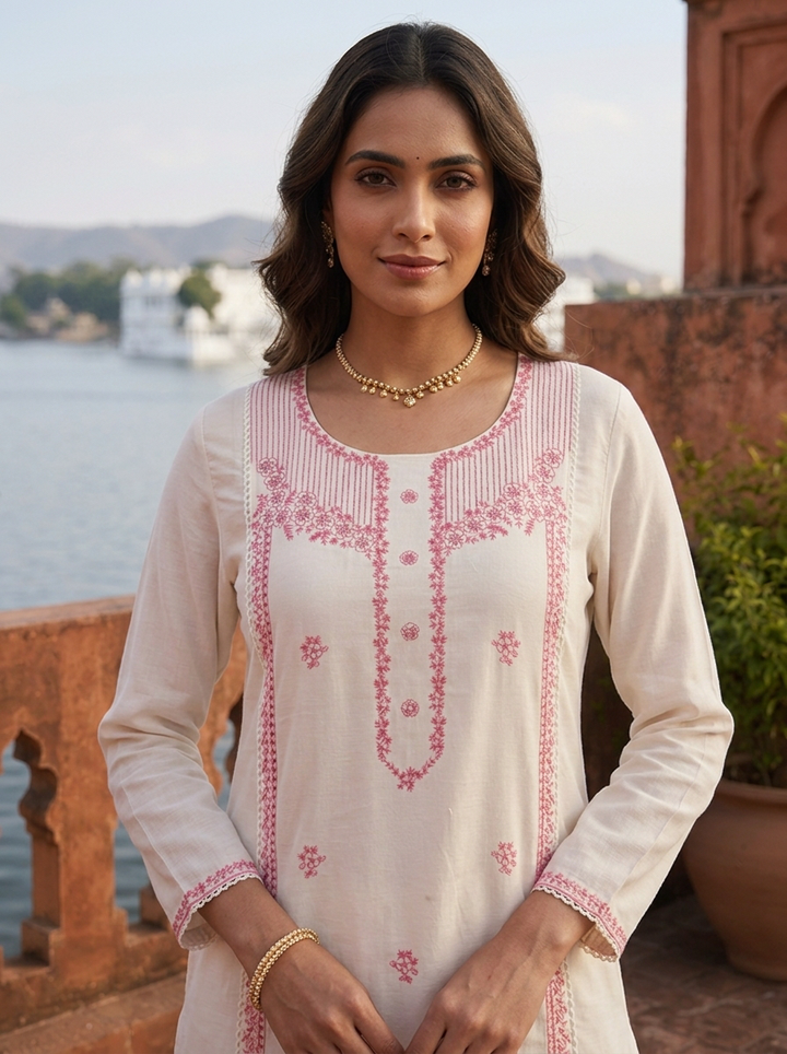 Pink Rayon Floral Thread Embroidered Kurta