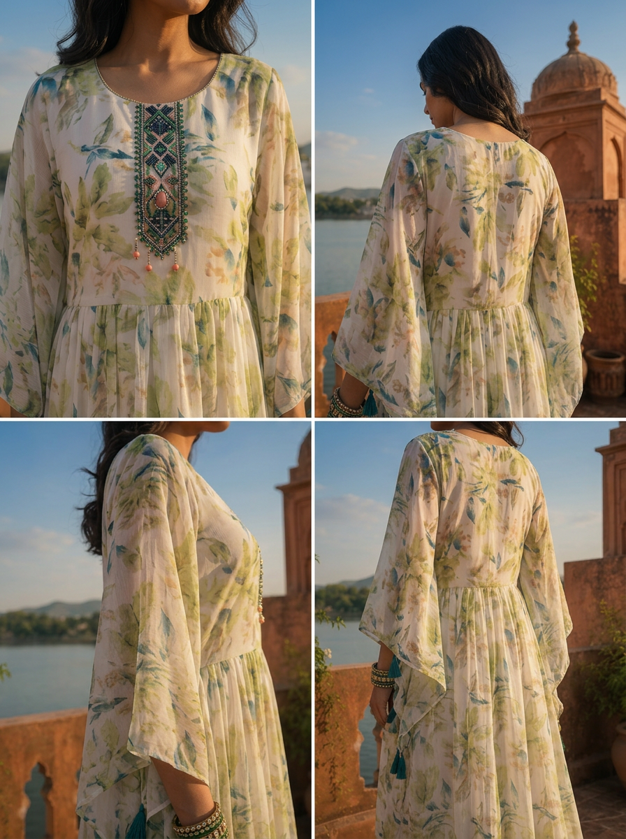Green Georgette Watercolor Botanical Printed Dress