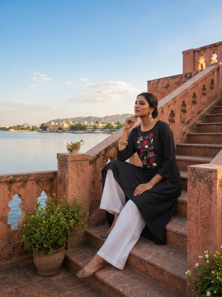 Olive Rayon Lotus Embroidered Asymmetric Kurta