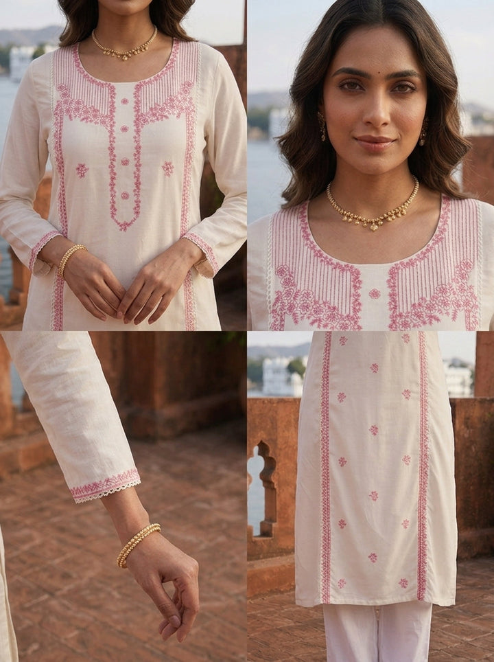 Pink Rayon Floral Thread Embroidered Kurta