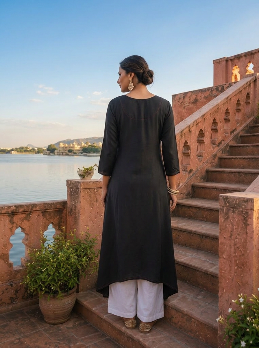 Olive Rayon Lotus Embroidered Asymmetric Kurta