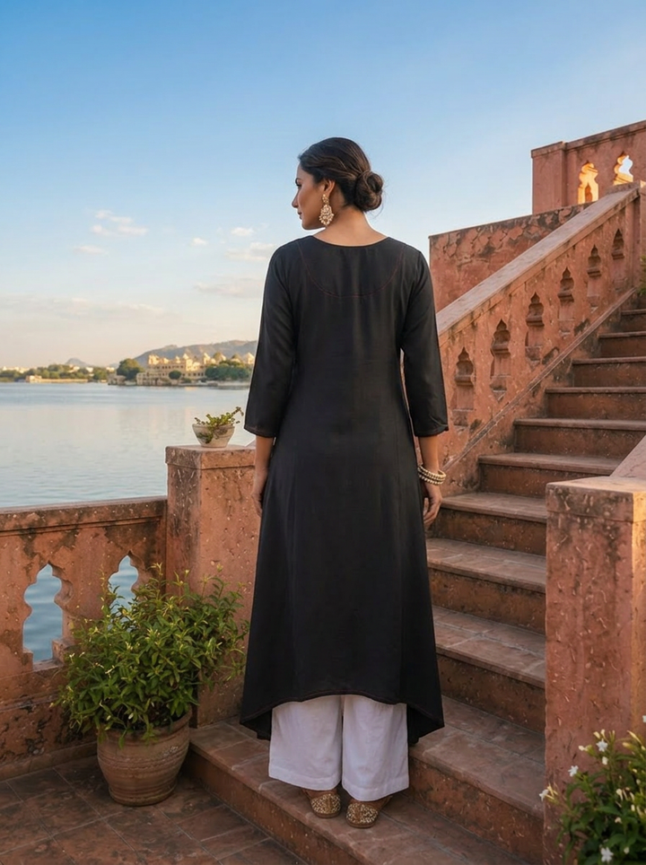 Olive Rayon Lotus Embroidered Asymmetric Kurta