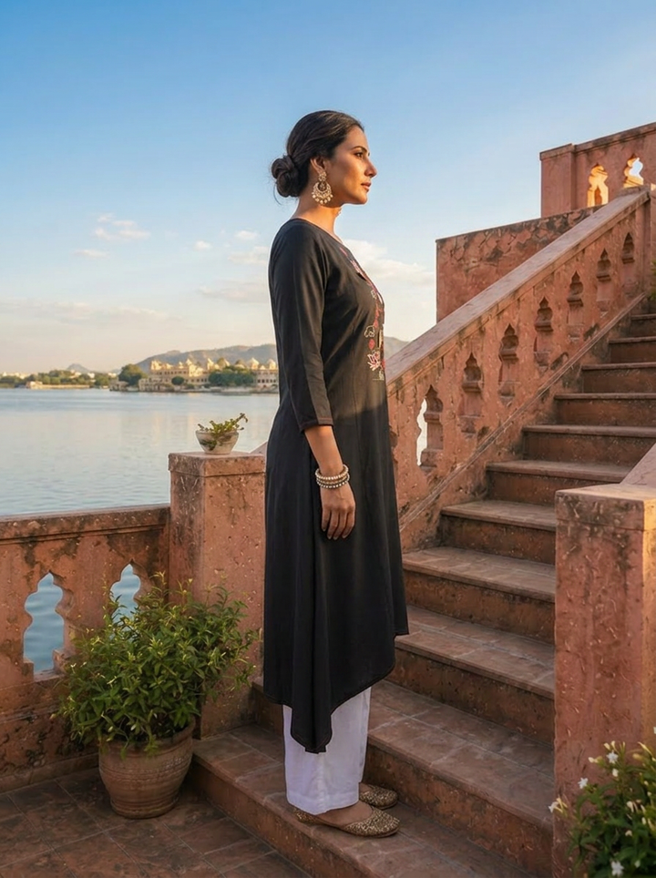Olive Rayon Lotus Embroidered Asymmetric Kurta