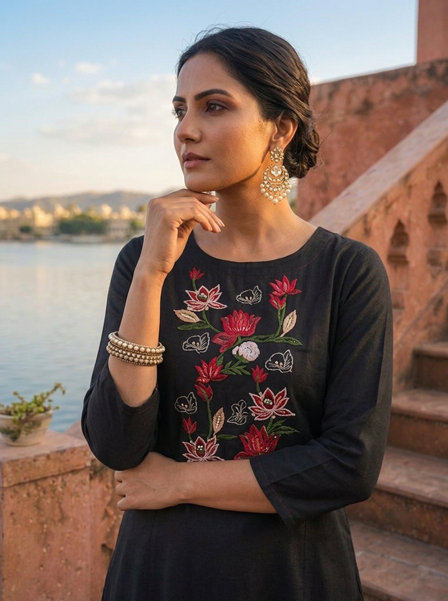 Olive Rayon Lotus Embroidered Asymmetric Kurta