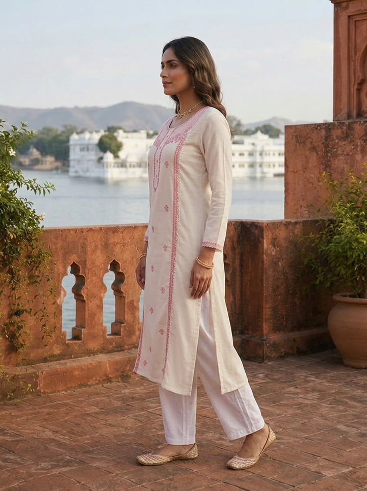 Pink Rayon Floral Thread Embroidered Kurta