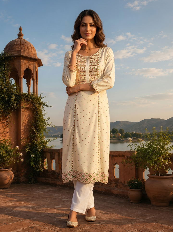 Cream Rayon Micro Motif Printed Kurta
