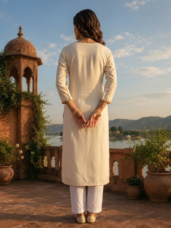 Cream Rayon Micro Motif Printed Kurta