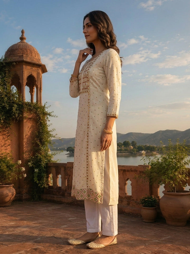 Cream Rayon Micro Motif Printed Kurta