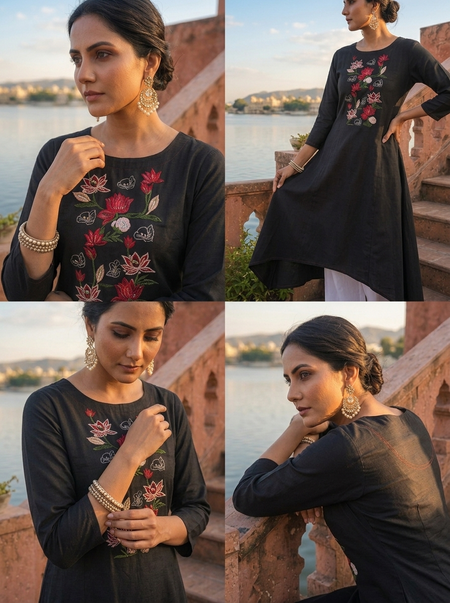 Olive Rayon Lotus Embroidered Asymmetric Kurta