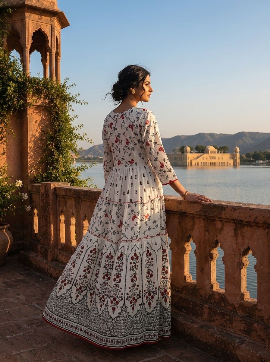 White Cotton Ethnic Floral Printed Dress