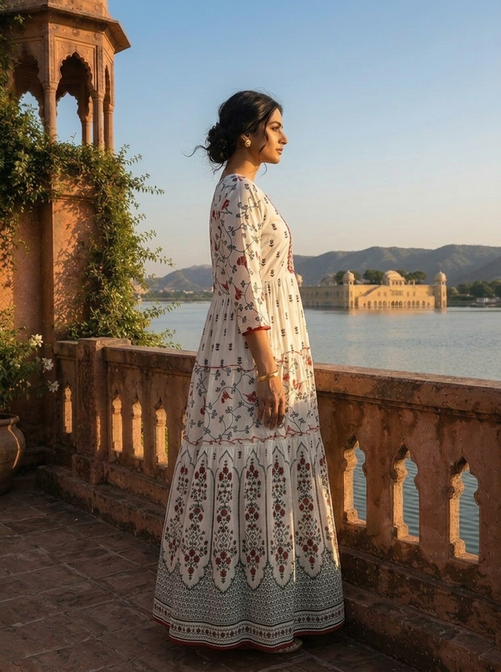 White Cotton Ethnic Floral Printed Dress
