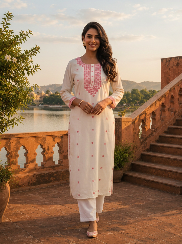 Baby Pink Rayon Geometric Embroidered Kurta