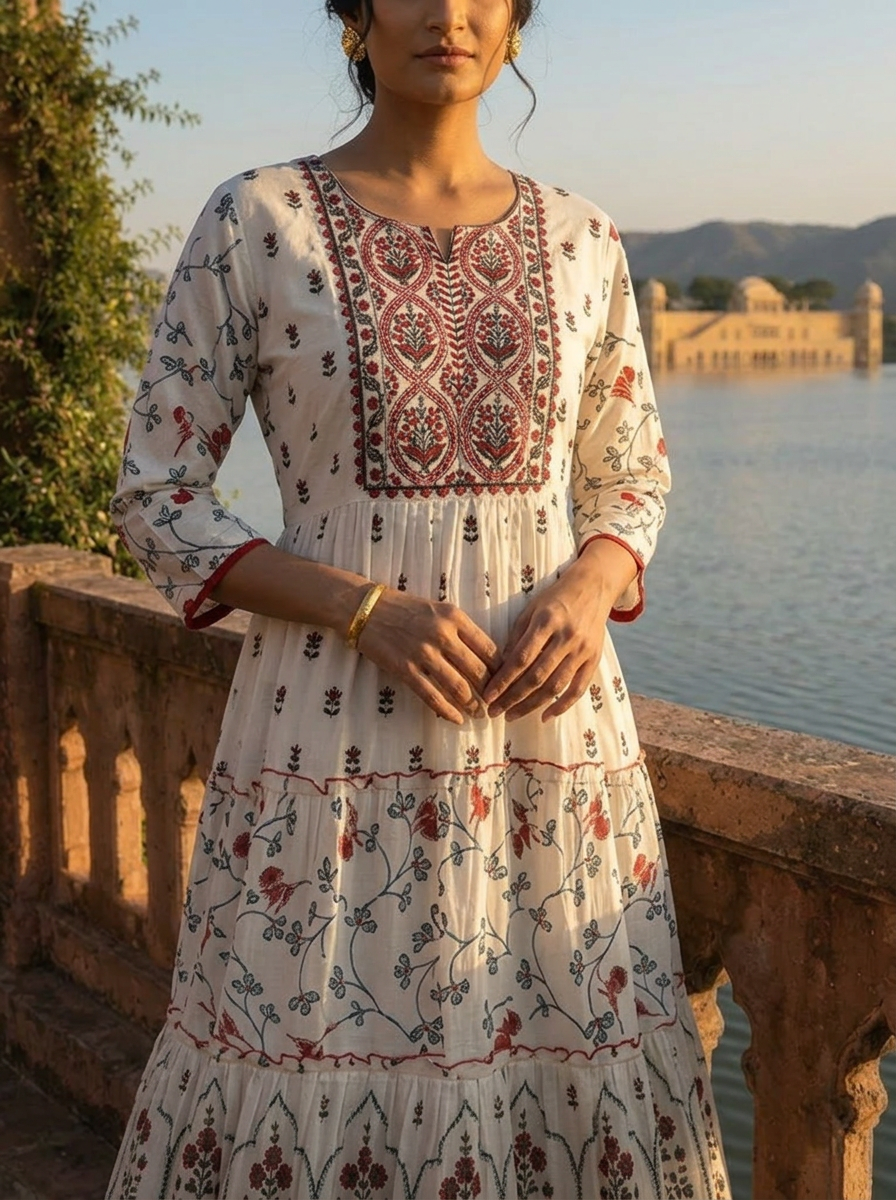 White Cotton Ethnic Floral Printed Dress