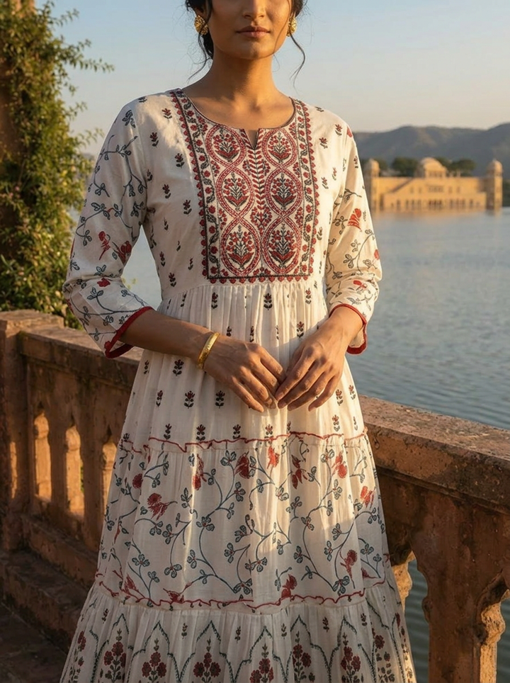 White Cotton Ethnic Floral Printed Dress